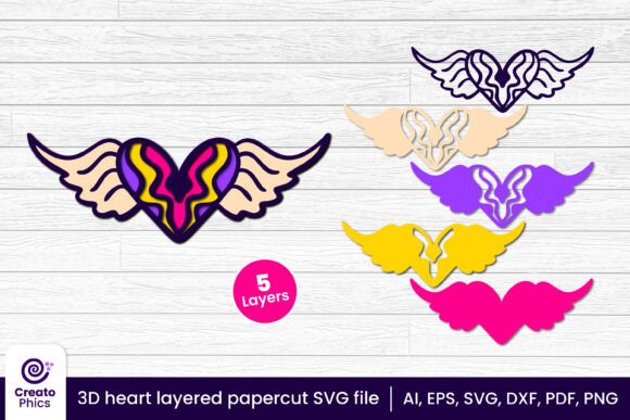 3D Layered Heart Wings Papercut File SVG
