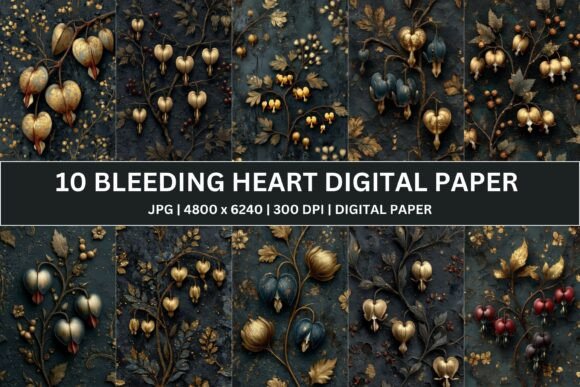 Elevate Your Creative Projects with 10 Ornate Gilded Heart Digital Paper